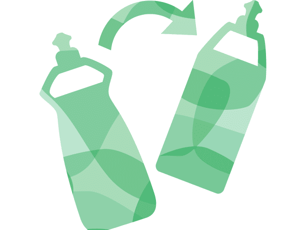 Green illustration of cleaning products with arrow pointing from one to the other 