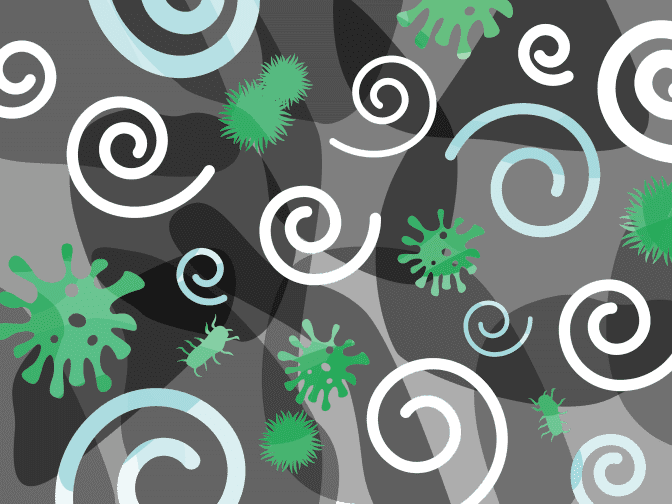 Illustration of white and blue swirls and green germs against black background