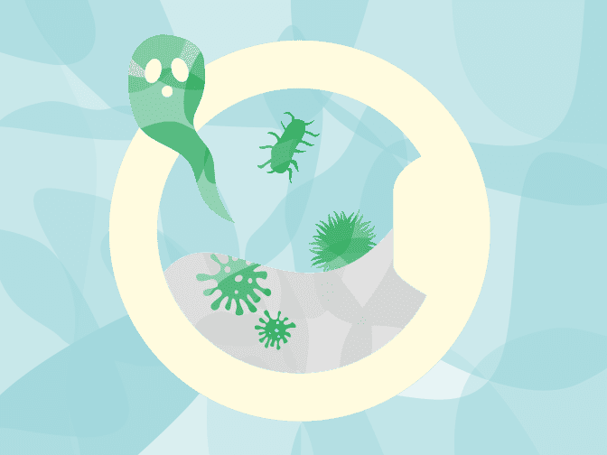 illustration of green germs and bugs coming out of a washing machine circle door