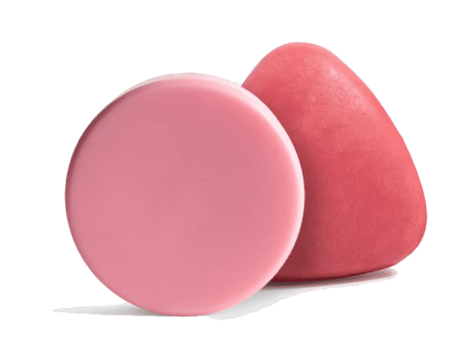 Image of pink round and pink triangle Peach shampoo and conditioner bars