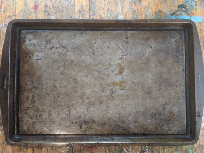 Photo of cookie sheet with baked-on stains