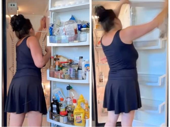 the writer of this here blog cleaning and replacing the clean shelves of her refrigerator