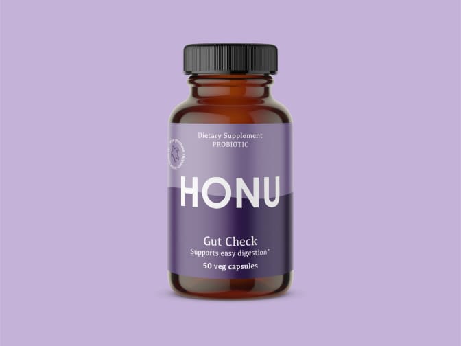 Image of Honu Gut Check probiotic bottle on purple background