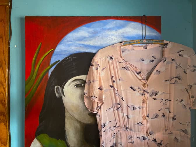 Image of a salmon colored top hanging by a painting of a woman.