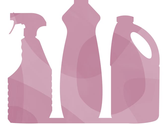 Illustration of three mauve cleaning bottles