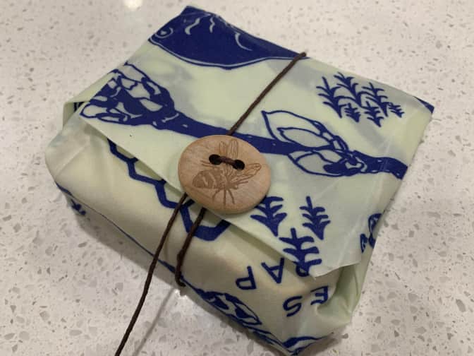 Photo of sandwich wrapped in Bee's Wrap resuable beeswax wrap