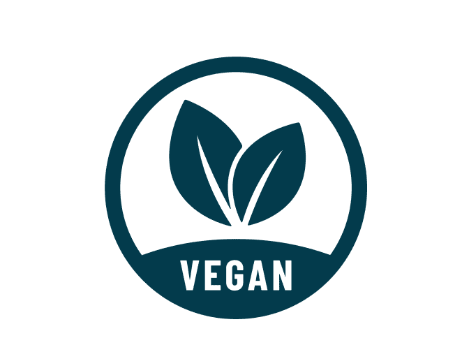Vegan label with two blue leaves and vegan on inside of circle