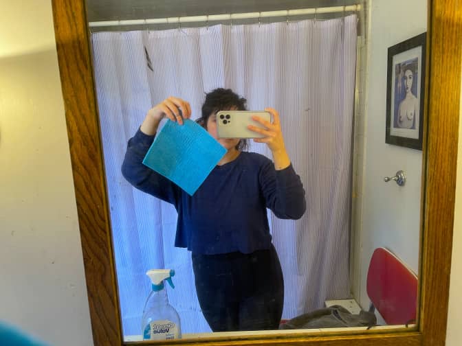 Person taking a photo of the bathroom mirror they just cleaned with a European dish cloth