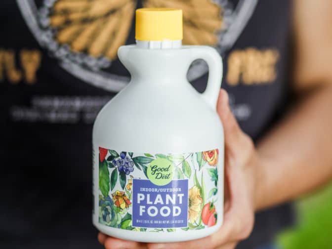 Person holding Good Dirt Plant Food bottle