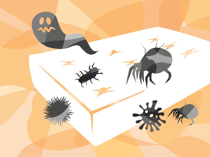 Illustration of a mattress with a ghost and bacteria