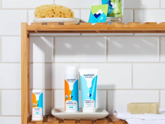 Photo of Sustain lubricants on bathroom shelf