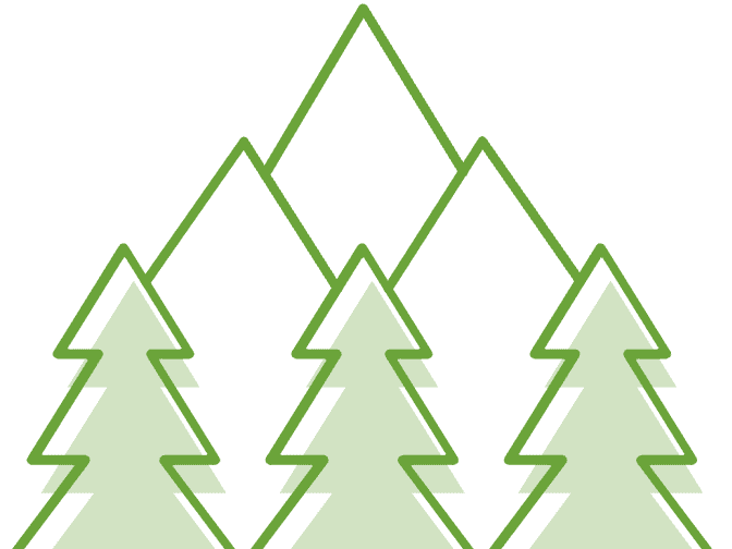 Illustration of 3 green pine trees in front of 3 mountains