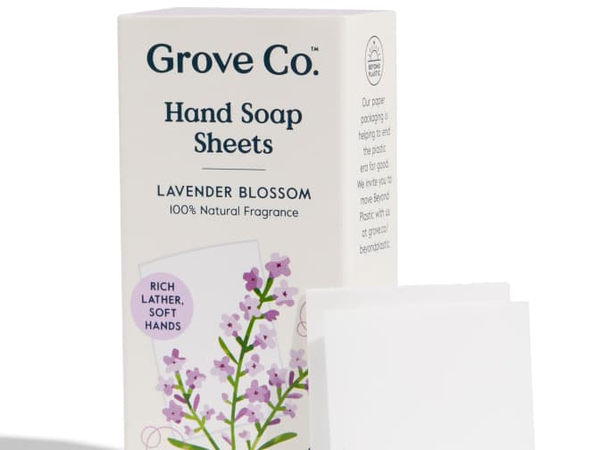 Image of Grove Co. Hand Soap Sheets box with a couple sheets leaning up against it
