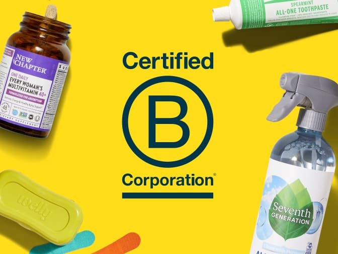 Image shows the "certified B Corporation" logo and a few products that Grove sells: New chapter vitamins, Dr. Bronners toothpaste, Seventh Generation cleaner, and Welly bandaids. 