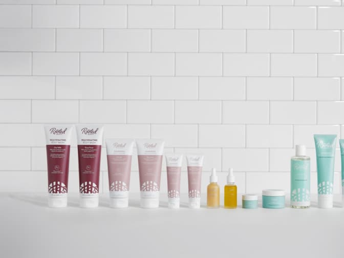 Rooted Beauty lineup of skincare products including micellar water