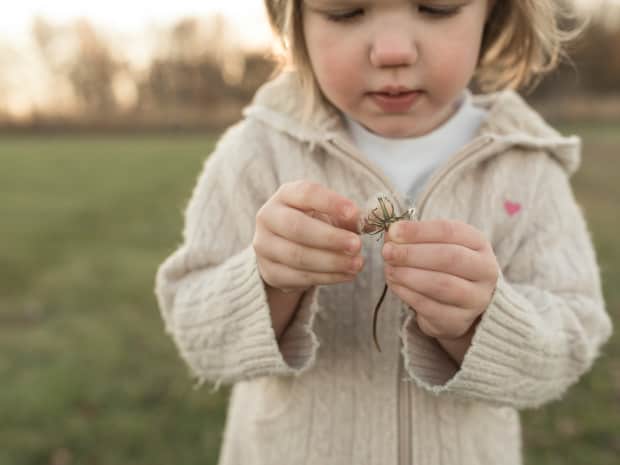 Image of toddler outside in sweater with loose threads pulling apart a dandelion