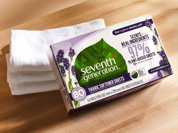 Image of Seventh Generation Lavender dryer sheets in box with box propped up on 3 white cloths