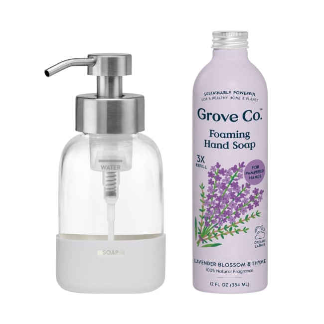 Purple hand shop soap dispenser